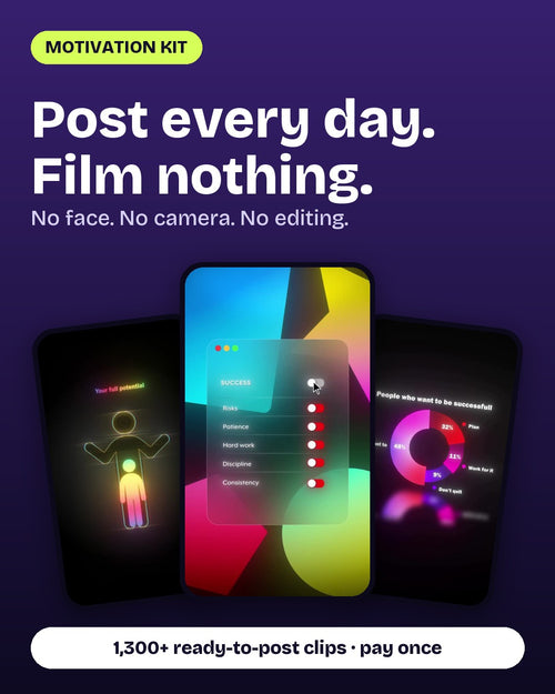 1,300+ motivation reels. Post every day. Film nothing.